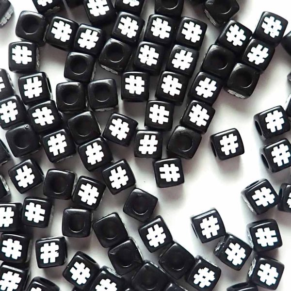 7mm Black Cube Plastic Beads w  White Hashtags, about 100 beads Hot on Sale
